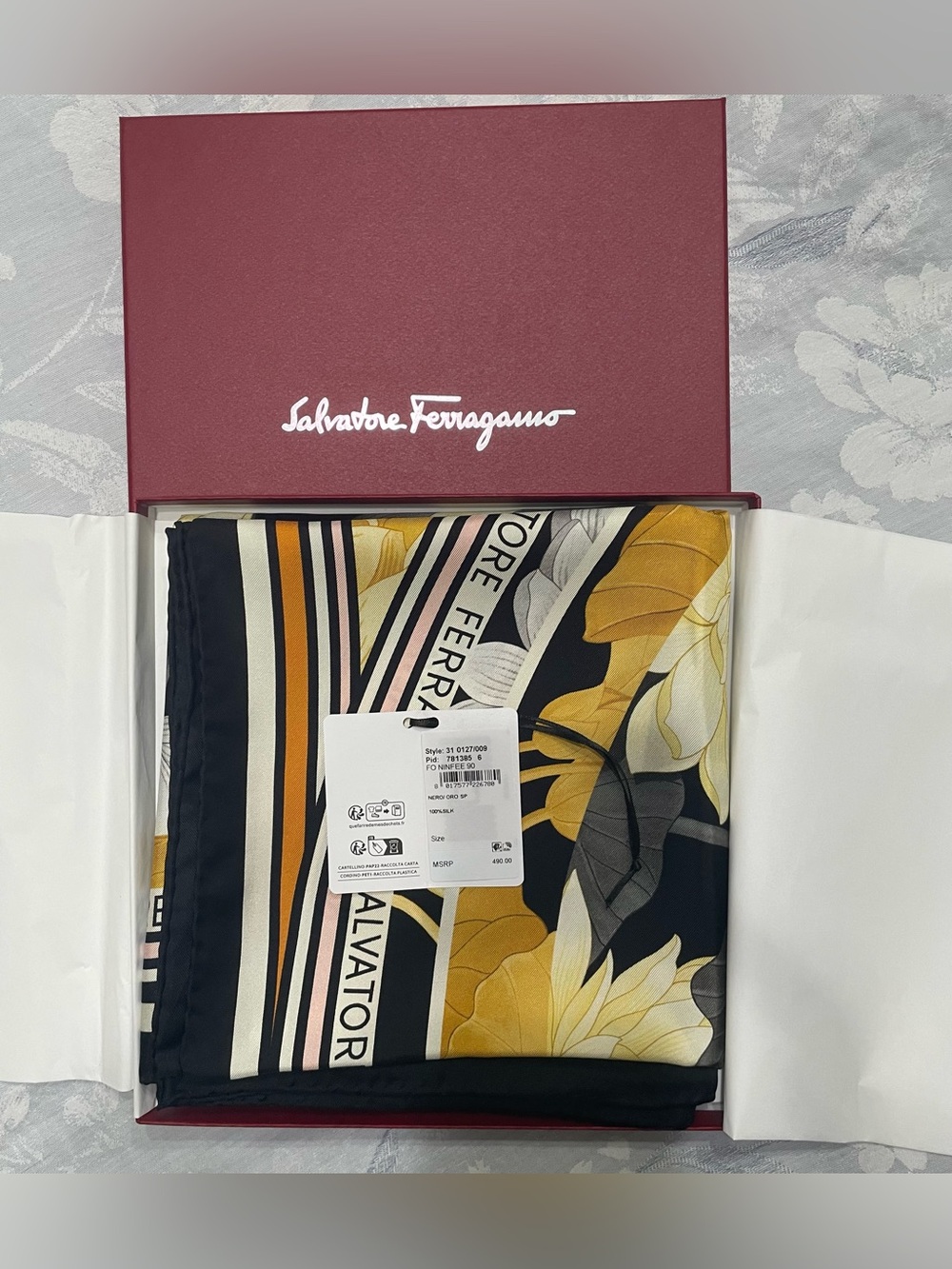 Authentic Salvatore Ferragamo Ninfee Floral 90cm Silk Scarf